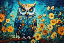 Owl On Sunflower Flower Field In Teal And Yellow Painting