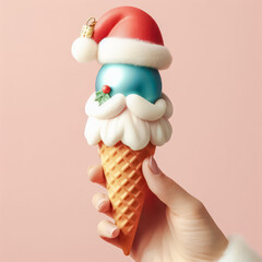 Aufkleber - Hand holding ice cream in waffle cone with Santa Claus hat on pink background