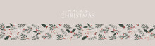 Cute Hand Drawn Horizontal Seamless Pattern With Branches And Christmas Decoration - X Mas Background, Great For Textiles, Banners, Wallpapers - Vector Design
