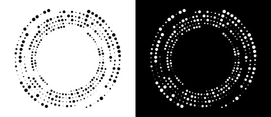 Leinwandbilder - Modern abstract background. Halftone dots in circle form. Round logo. Vector dotted frame. Design element or icon. Black shape on a white background and the same white shape on the black side.