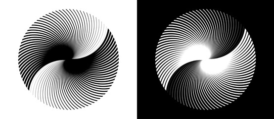 Poster - Lines in circle abstract background. Dynamic transition illusion. Black shape on a white background and the same white shape on the black side.