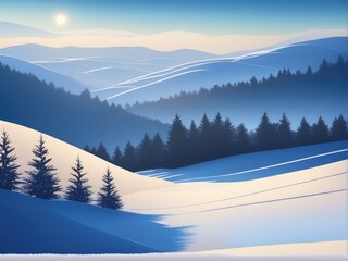 Merry Christmas and happy New Year greeting card with snowy hills