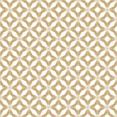  Vector geometric floral pattern. Abstract golden seamless texture with diamond grid, stars, flower silhouettes, net, lattice. Gold and white ornamental background. Repeat geo design for decor, print