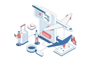 Fototapete - Booking flight concept in 3d isometric design. Travellers planning trips, choosing tour destination, ordering and buying plane tickets. Vector illustration with isometry people scene for web graphic