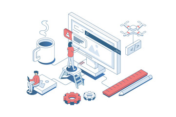Website creating concept in 3d isometric design. Developers prototyping and coding, designing page layout and homepage user interface. Vector illustration with isometry people scene for web graphic