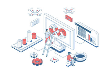 Fototapete - DevOps concept in 3d isometric design. Developer team working in agile processes and programming automations for creating products. Vector illustration with isometry people scene for web graphic