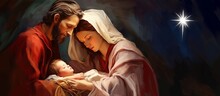 Christmas Story. Christmas Night, Mary, Joseph And The Baby Jesus, Son Of God , Symbol Of Christianity , Christmas Greeting Card, Art Illustration Painted, Generative Ai