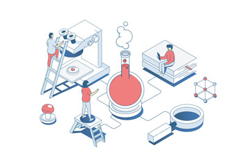 Poster - Science laboratory concept in 3d isometric design. Scientific team making chemicals tests in flasks, researching liquid in lab tubes. Vector illustration with isometry people scene for web graphic