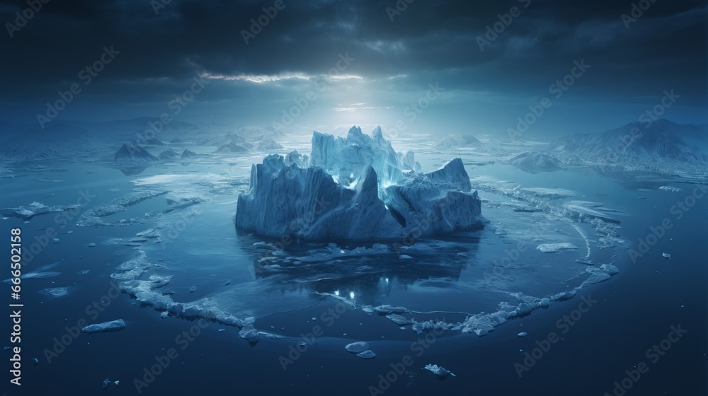 Melting ice with ice floe adrift in water, dissolving ice shards convey ...