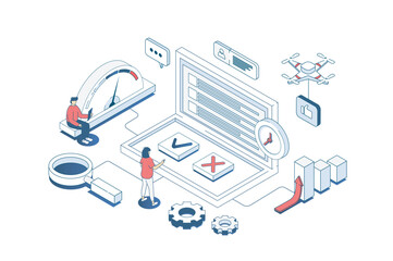 Fototapete - Internet survey concept in 3d isometric design. Users answering in checkbox list, giving client feedback in online questionnaire form. Vector illustration with isometry people scene for web graphic