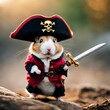a little hamster is dressed like a pirate and has a sword in his hand