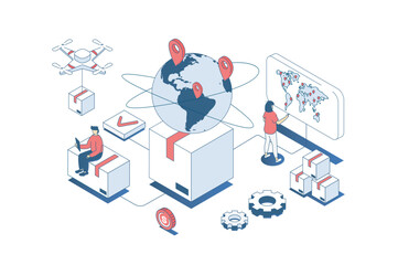 Aufkleber - Worldwide delivery concept in 3d isometric design. Managers working in global logistic company with parcel airmail and van shipping. Vector illustration with isometry people scene for web graphic
