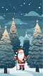 Paysage d'hiver nocturne bleu avec sapin, père Noël, et neige