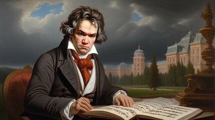 ルートヴィヒ・ヴァン・ベートーヴェンの油絵。 悩みながら作曲している姿｜Oil painting of Ludwig van Beethoven. The figure of composing music while worrying. Generative AI