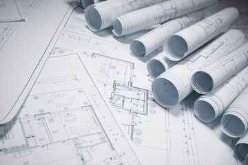 White architectural blueprints. Building plans and construction design concepts.