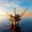 Offshore platform or oil rig in the open ocean producing natural gas for energy.