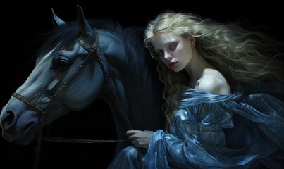 Wall Mural - fairytale illustration of a woman in pretty gown dress with black horse, Generative Ai