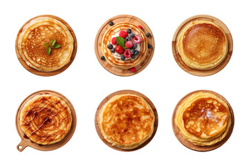 Wall Mural - Collection of top view tasty pancakes on wooden board isolated on transparent background, cut out