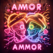 steampunk cowboy mariachi skull in love neon sign amor valentines concept rusty background