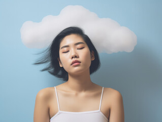 Wall Mural - A young woman ponders beneath a cotton cloud