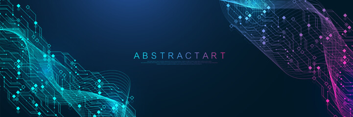 Aufkleber - Quantum computer technologies concept. Futuristic blue circuit board background vector. Modern technology circuit board texture background design. Waves flow. Quantum explosion technology.