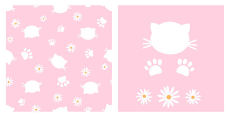 Poster - Seamless pattern with cat cartoon, paw print and daisy flower on pink background vector illustration. 