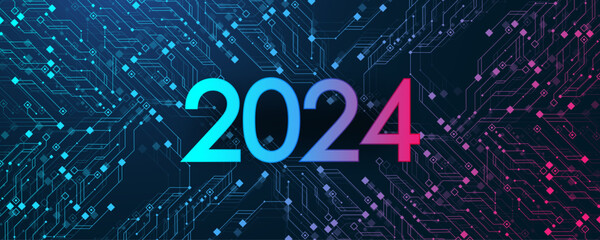 Fototapete - Template New Year and Happy Christmas cards in the style of new technology 2024. Christmas 2024 year on printed circuit board. Digits 2024 in electronic technology style