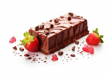 Poster - Broken chocolate bar with yummy strawberry. Food love sweet dessert eat. Generate Ai