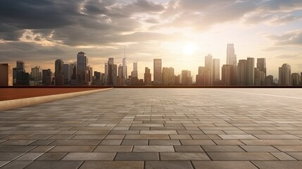 Wall Mural - empty floor modern city skyline, In front is a road, building technology background 