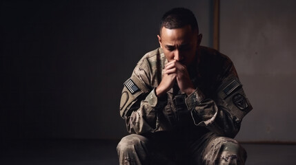 An American soldier with ptsd sits sad