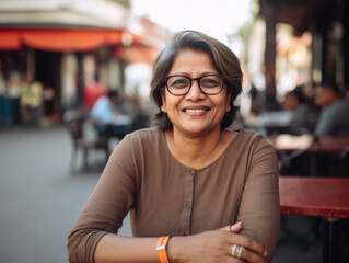 Wall Mural - smiling mid age woman sitting at cafe