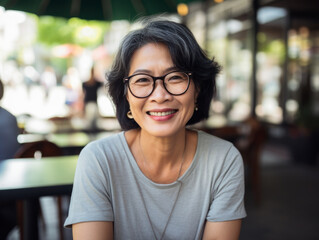 Wall Mural - smiling mid age woman sitting at cafe