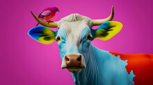 A Multicolored Cow With A Small Red Bird On Its Horns