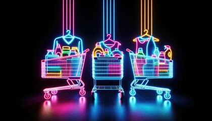 Wall Mural - Neon glowing color futuristic Online shopping cart sign. 