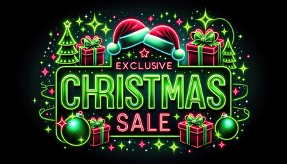 Poster - Neon glowing color shopping Christmas happy new year 2024 2025 sale sign. 