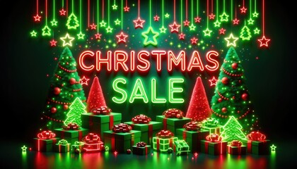 Poster - Neon glowing color shopping Christmas happy new year 2024 2025 sale sign. 