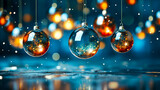 Fototapeta Zachód słońca - Christmas and New Year holidays background with golden and blue balls. Christmas tree decorations on a blue background. 3d rendering. Generative AI technology.