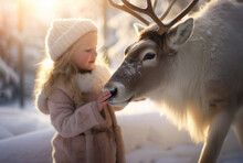 AI Generated Image Of Side View Of Cute Adorable Little Blond Girl Pampering Reindeer In Winter Forest At Sunset