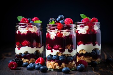 Sticker - Close up of healthy parfaits with blueberries and raspberries in mason jars on a dark rustic table scene