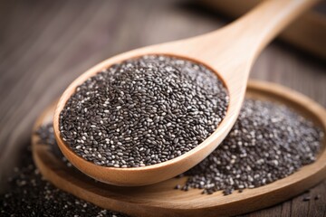 Sticker - Close up of wooden spoon with chia seeds healthy