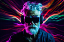 AI Generated Image Of Stylish Mature Elderly Man Wearing VR Headset With Glowing Neon Lines On Colorful Background
