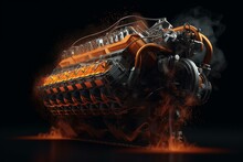 High-performance v8 engine with dynamic explosions and intricate mechanical components - realistic 3D render. Generative AI