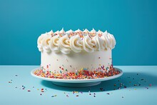 Colorful Sprinkles Cover A White Birthday Cake On A Blue Background