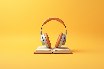 Concept of audiobooks using headphones and a book in an audio library