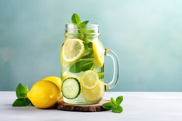 Wall Mural - Concept of healthcare nutrition and fitness Fresh infused water with lemon cucumber mint served in a glass jar for warm weather Empty space background