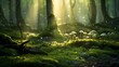A forest floor covered in a carpet of moss, with tiny mushrooms peeking through the soft, velvety surface. Shafts of dappled sunlight filter through the canopy, creating a play of light and shadow.