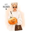 Beautiful fashion blond hair woman holding pumpkin. Halloween concept. Fashion illustration 