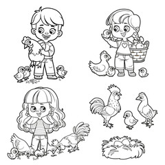 Poster - Cute cartoon boy holding a hen in hands and girl with chicken in hand surrounded by chickens outlined variation for coloring page