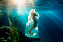 Generative AI Illustration Of Wild Seahorse In Transparent Plastic Bag Swimming Underwater Representing Concept Of Environmental Pollution