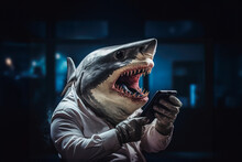 Generative AI Illustration Of Side View Of Shark In Elegant Clothes With Opened Mouth While Browsing Smartphone Against With Blurred Background At Night